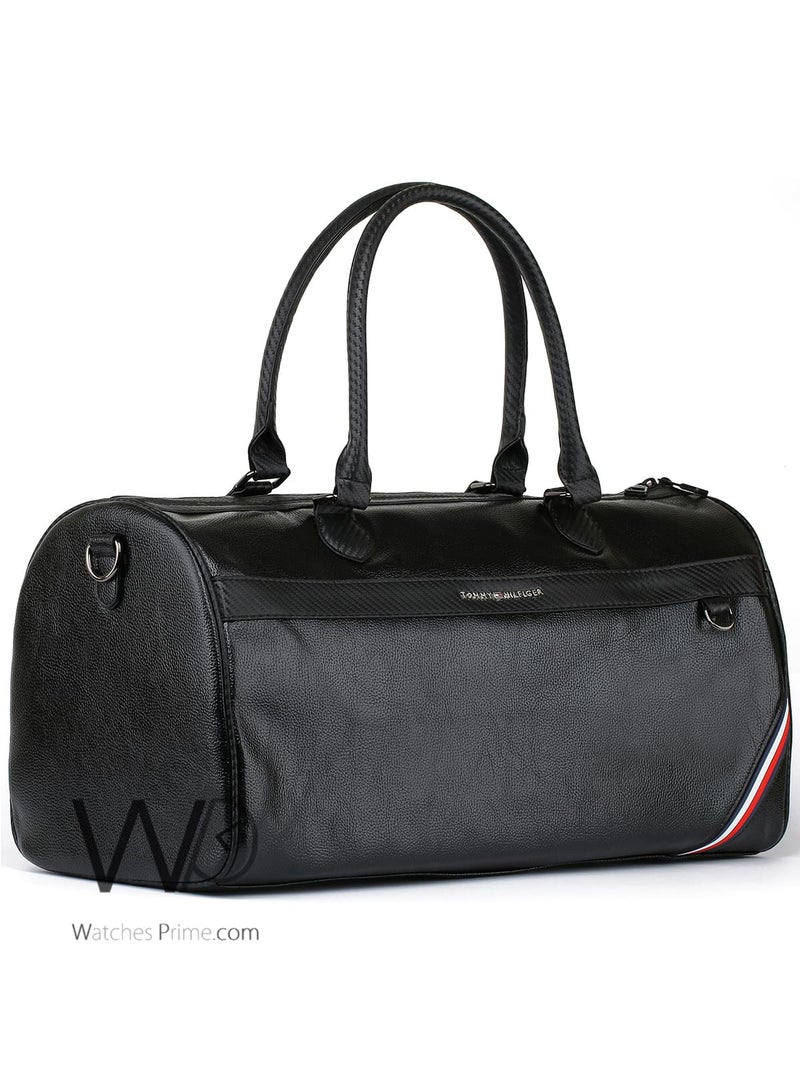 Tommy Hilfiger Denim حقيبة رياضية للرجال من تومي هيلفيغر مصنوعة من الجلد الأسود لعطلة نهاية الأسبوع - Image 1