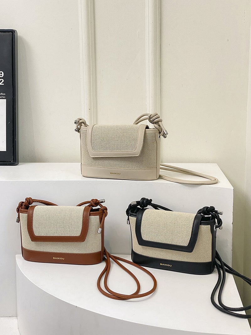 Vintage Woven Bag Women'S Fashion All-Match Stitching Contrast Bucket Bag High-End Messenger Bag - Image 5