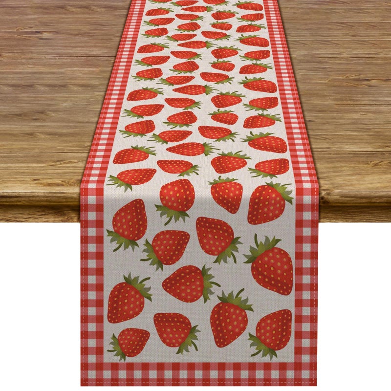 Strawberry Table Runner Buffalo Plaid Check Spring Summer Fruit Birthday Baby Shower Party Kitchen Dining Home Decoration 13 x 72