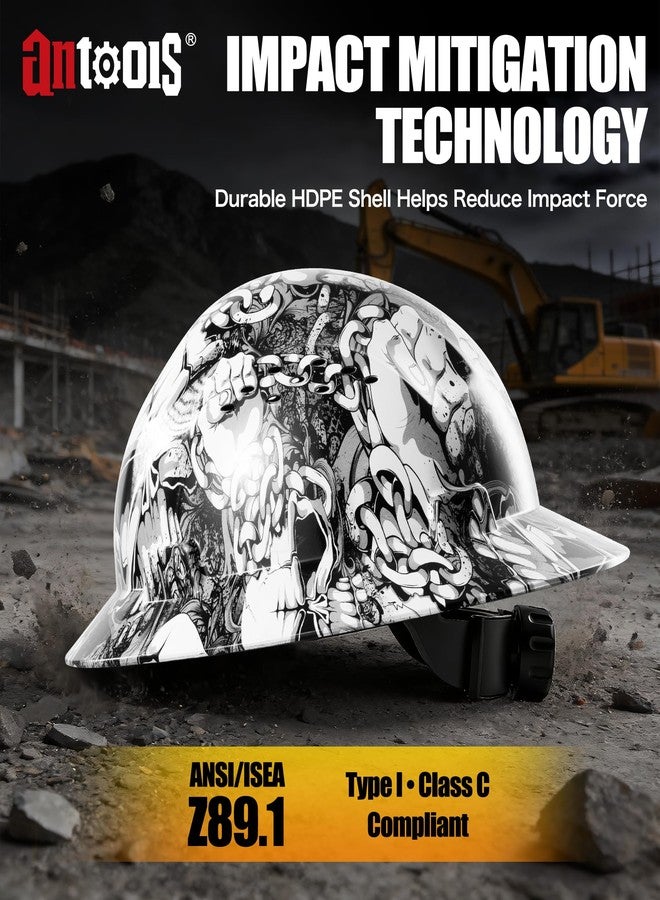 AnTools Skeleton Pattern Design Full Brim Hard Hat, OSHA Approved Construction Hard Hats for Men, 4-Point Adjustable Suspension, ANSI Z89.1 - Image 2