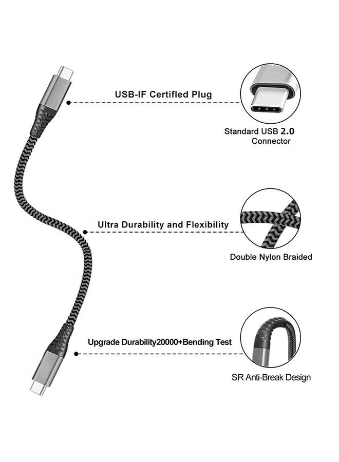 "حزمة من كابلين شحن سريع USB-C إلى USB-C، 15 وات، 15 سم، أسلاك بيانات وطاقة متينة من النوع C، مضفرة من النايلون، متوافقة مع أجهزة Samsung Galaxy وXiaomi وOnePlus وiPad وMacBook والمزيد - أسود" - Image 4