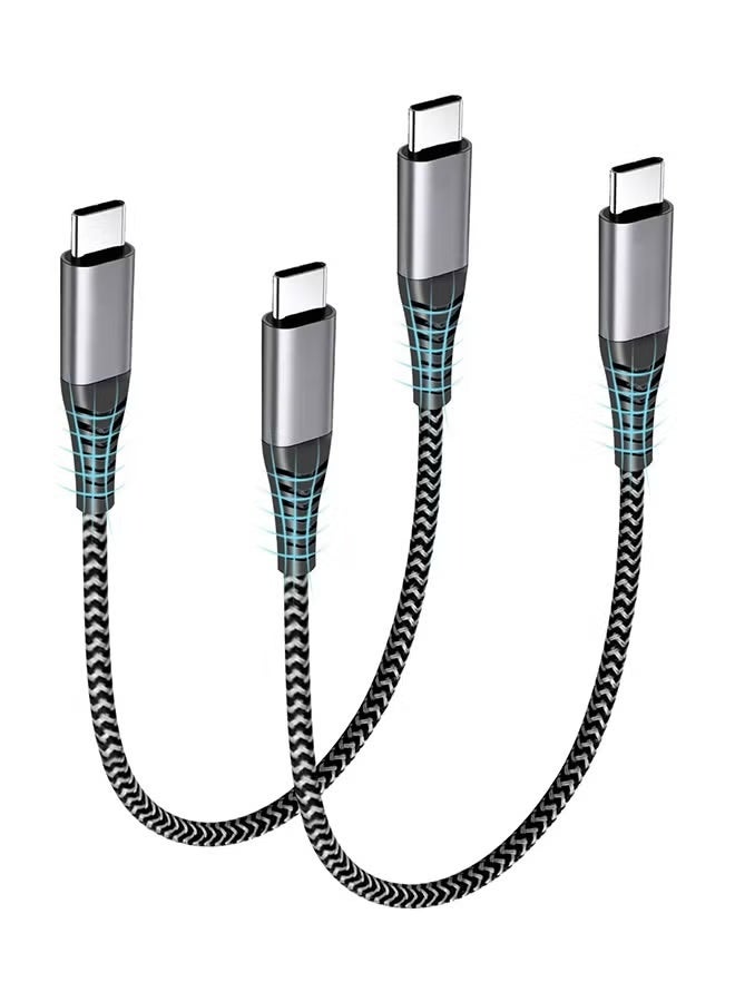 "حزمة من كابلين شحن سريع USB-C إلى USB-C، 15 وات، 15 سم، أسلاك بيانات وطاقة متينة من النوع C، مضفرة من النايلون، متوافقة مع أجهزة Samsung Galaxy وXiaomi وOnePlus وiPad وMacBook والمزيد - أسود" - Image 1