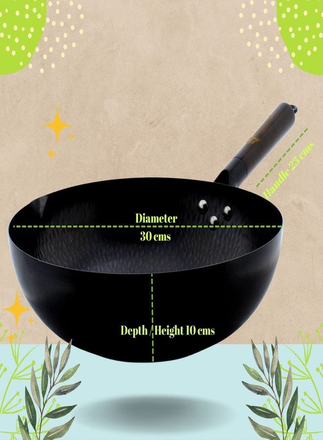 TRILONIUM Carbon Steel Chinese Wok 30 cms, Capacity 4.75 litres | Hammered and Pre-Seasoned - Image 2