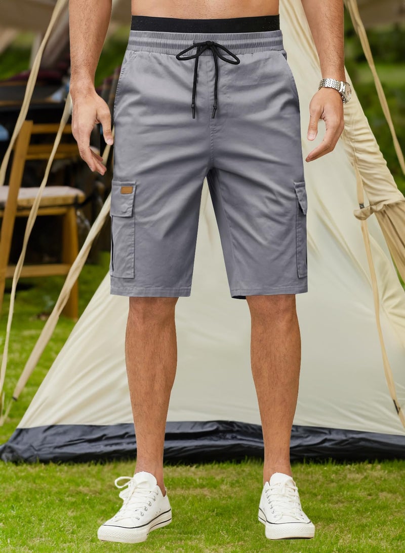 JMIERR Mens Casual Twill Cargo Shorts Cotton Drawstring Classic Cargo Chino Stretch Short with 6 Pockets for Men, US38(XL), A Gray - Image 2