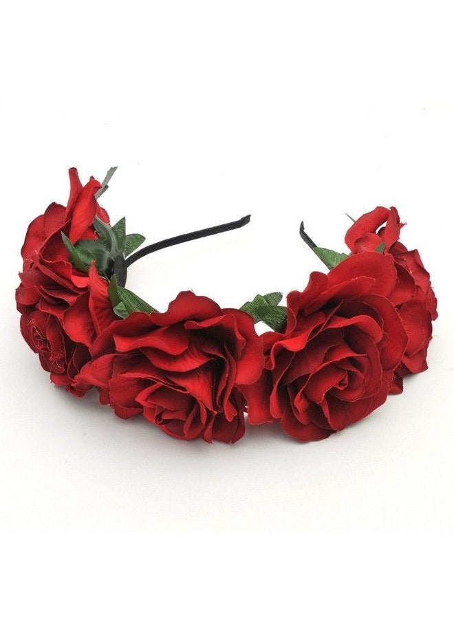Bodermincer Women Rose Flowers Hairband Branch Wedding Wreath Headband Crown (Dark Red)  - Image 2