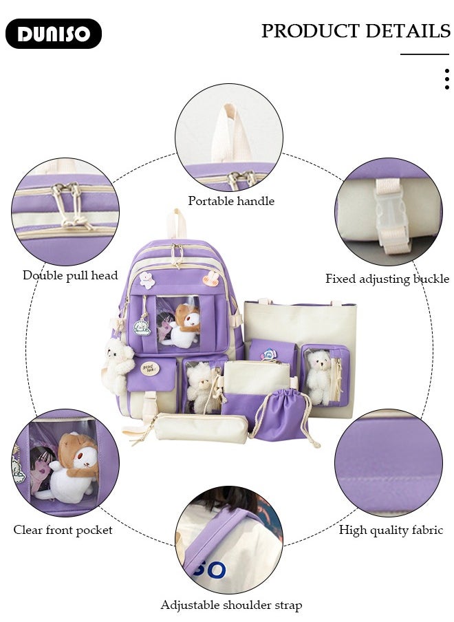 DUNISO 5 Pcs School Bags Set With Anti-Theft,School Backpack Set For Girls With Multiple Pockets ,Anime And Cartoon Schoolbag Set For New Semester Gifts ,Fashion Bookbag Set For Primary Elementary High School And Girls Kindergarten  - Image 2