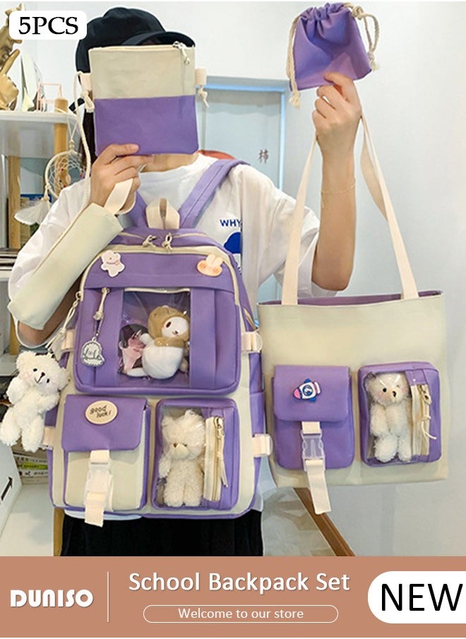 DUNISO 5 Pcs School Bags Set With Anti-Theft,School Backpack Set For Girls With Multiple Pockets ,Anime And Cartoon Schoolbag Set For New Semester Gifts ,Fashion Bookbag Set For Primary Elementary High School And Girls Kindergarten  - Image 1