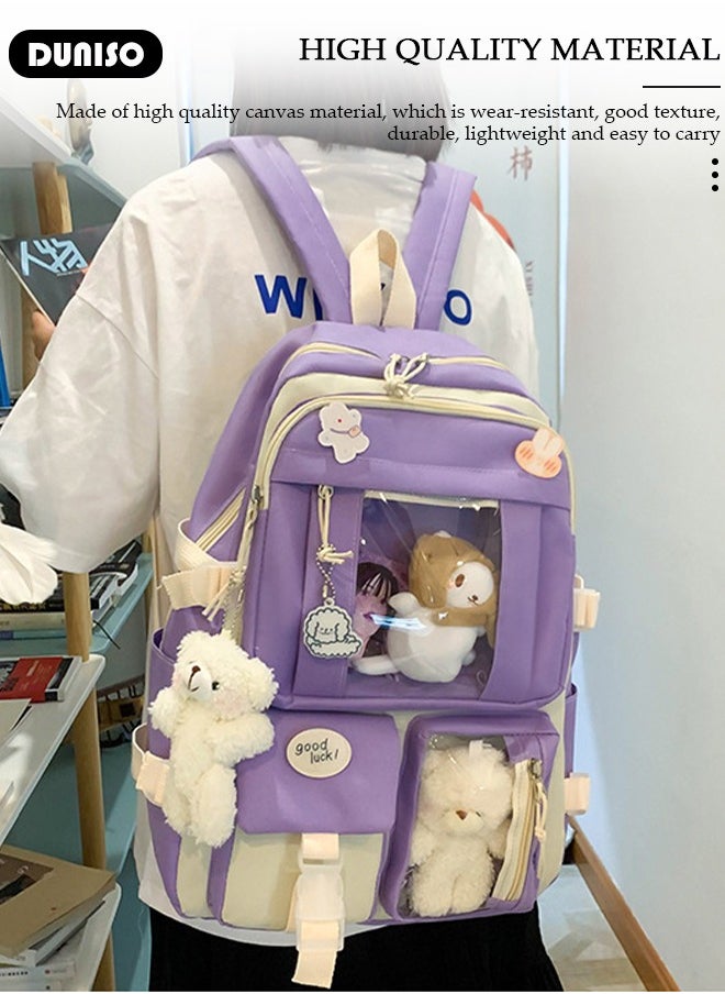 DUNISO 5 Pcs School Bags Set With Anti-Theft,School Backpack Set For Girls With Multiple Pockets ,Anime And Cartoon Schoolbag Set For New Semester Gifts ,Fashion Bookbag Set For Primary Elementary High School And Girls Kindergarten  - Image 3