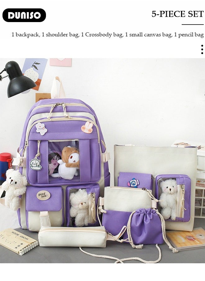 DUNISO 5 Pcs School Bags Set With Anti-Theft,School Backpack Set For Girls With Multiple Pockets ,Anime And Cartoon Schoolbag Set For New Semester Gifts ,Fashion Bookbag Set For Primary Elementary High School And Girls Kindergarten  - Image 5