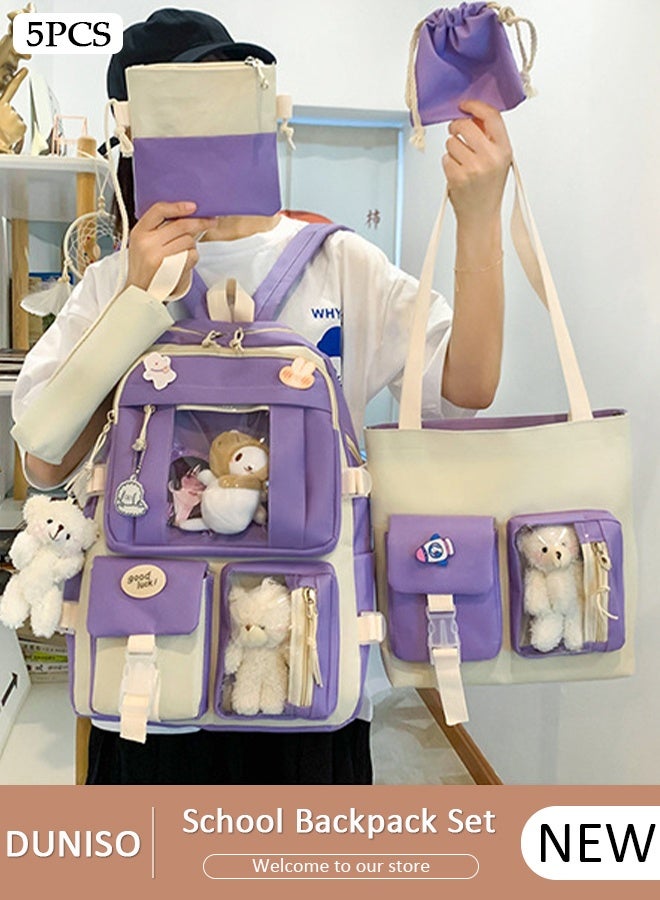 DUNISO 5 Pcs School Bags Set With Anti-Theft,School Backpack Set For Girls With Multiple Pockets ,Anime And Cartoon Schoolbag Set For New Semester Gifts ,Fashion Bookbag Set For Primary Elementary High School And Girls Kindergarten - Image 1