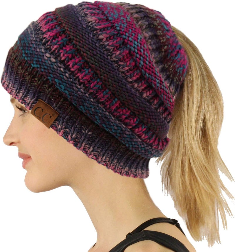 Cc Exclusives Soft Stretch Cable Knit Messy Bun Ponytail Beanie Winter Hat for Women (MB-20A) - Image 1