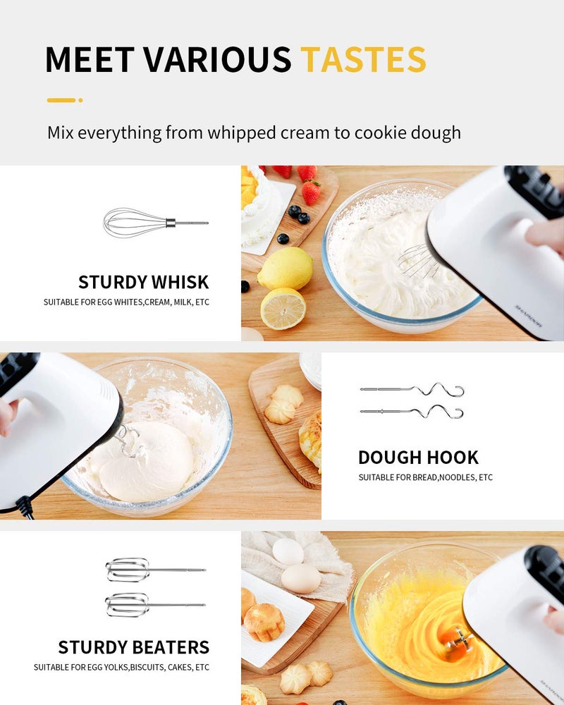SHARDOR Hand Mixer Electric, 6 Speed & Turbo Mixer Electric Handheld, Snap-On Storage Case,5 Stainless Steel Accessories for Whipping, Mixing Cookies, Brownie, Cakes, Dough Batters, White - Image 3