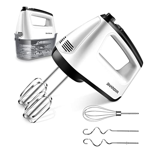 SHARDOR Hand Mixer Electric, 6 Speed & Turbo Mixer Electric Handheld, Snap-On Storage Case,5 Stainless Steel Accessories for Whipping, Mixing Cookies, Brownie, Cakes, Dough Batters, White - Image 1