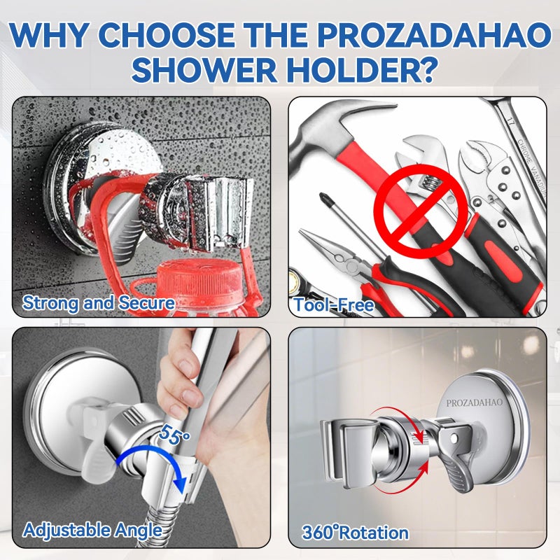 حامل رأس دش قابل للتعديل من Prozadahao، كوب شفط للحمام، حامل رأس دش محمول، دعامة شفط مثبتة على الحائط قابلة للإزالة (فضي-1) - Image 2