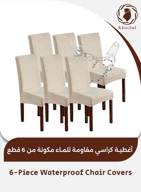 6-Piece Chair Covers, Waterproof Stretch Dining Room Slipcovers Removable Protector for Kitchen Hotel Restaurant( Beige)