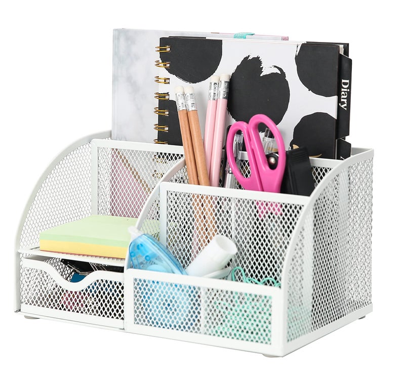Exerz Desk Organizer White Office Desk Accessories Supplies Office Storage Desktop Pencil Pen Holder with Drawer Home Workspace - Image 2