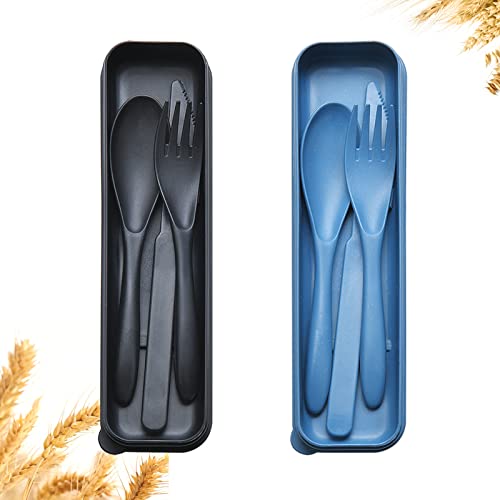 YDYTOP Reusable Travel Utensils Set with Case, 2 Sets Wheat Straw Portable Plastic Fork Spoons Knife Camping Cutlery, Eco-Friendly BPA Free Lunch Tableware for Kids Adults Travel Picnic Utensils - Image 1