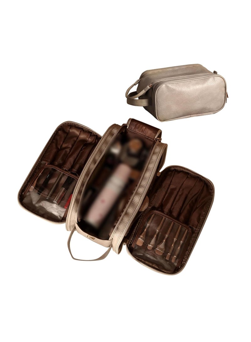 KASTWAVE Large Capacity Travel Makeup Bag, Portable Toiletry Cosmetic Bag, Makeup Case Organizer with Dividers and Handle, Waterproof Leather Skincare Bag for Women, Makeup Storage Bag for Daily Use - Image 1