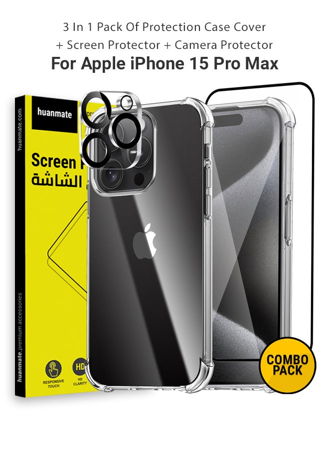 huanmate 3 in 1 Protection Pack of Back Cover Edge To Edge Screen Protector And Camera Protector For Apple iPhone 15 Pro Max Black/Clear  - Image 1
