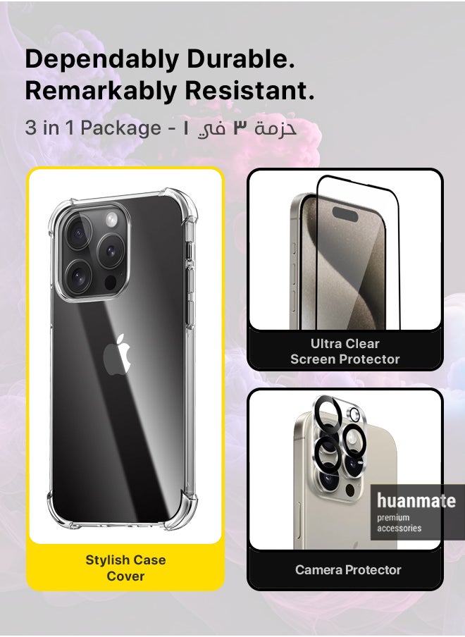 3 in 1 Protection Pack of Back Cover Edge To Edge Screen Protector And Camera Protector For Apple iPhone 15 Pro Max Black/Clear