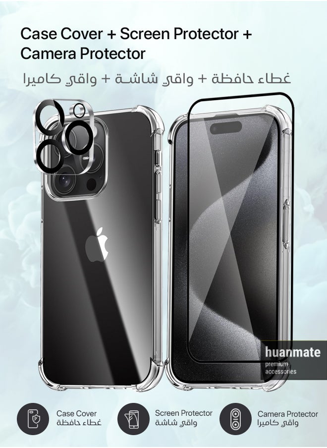 huanmate 3 in 1 Protection Pack of Back Cover Edge To Edge Screen Protector And Camera Protector For Apple iPhone 15 Pro Max Black/Clear  - Image 2