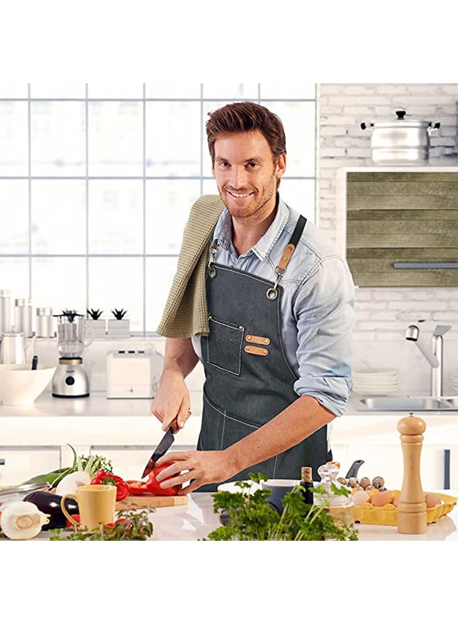Chef Apron,Cross Back Apron for Women and Men,Cotton Canvas Apron with Adjustable Straps and Large Pockets,Kitchen Cooking Baking Hairstylist Woodworking Welding Carpenter Work Bib Apron Blue - Image 2