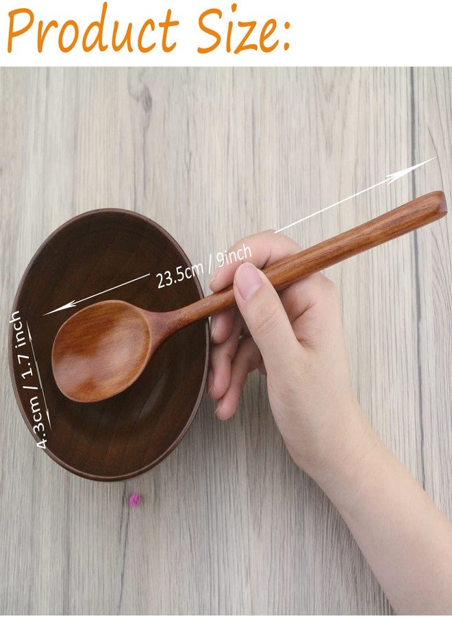Adloryea Wooden Spoons, 6 Pieces Wood Soup Spoons For Eating Mixing Stirring Cooking, Long Handle Spoon With Japanese Style Kitchen Utensil, Eco Friendly Table Spoon - 24.89 Cm - Image 5