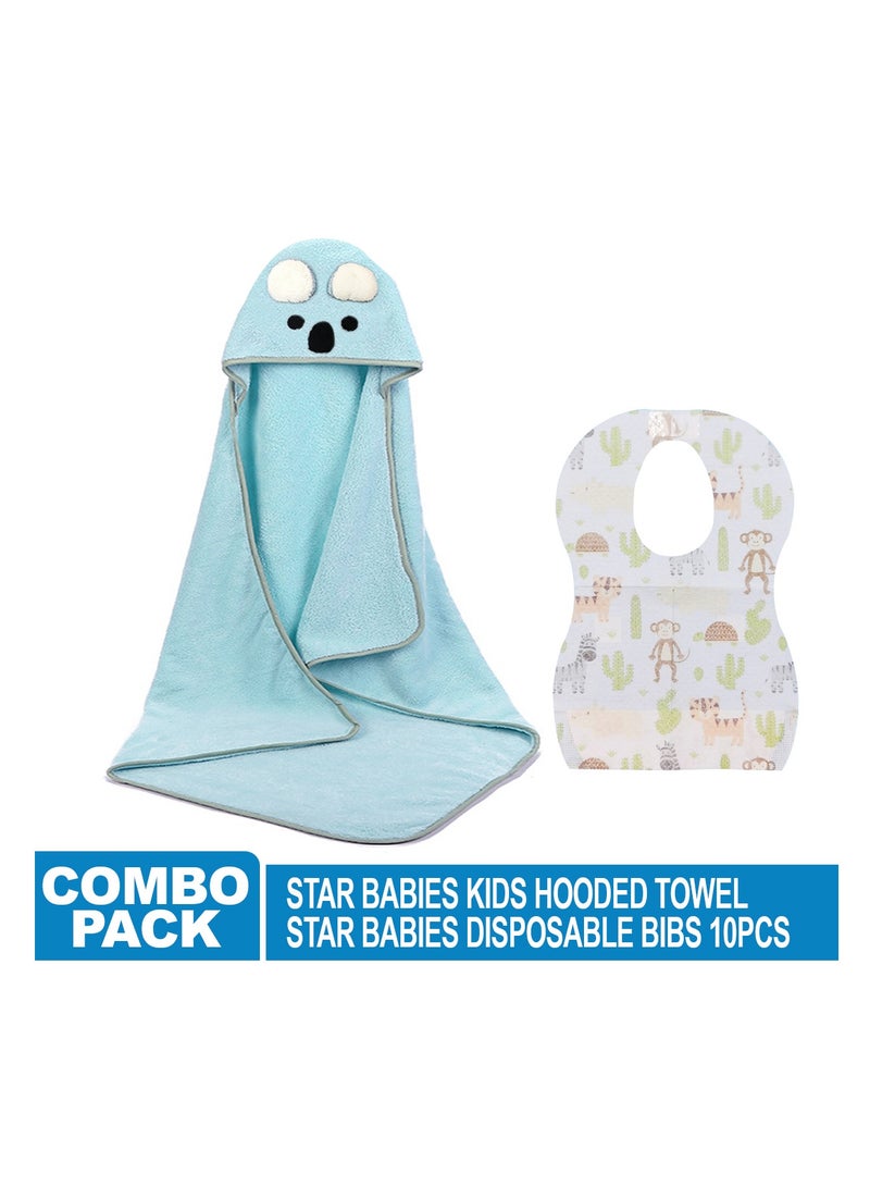 Star Babies -Combo Pack (Microfiber Hooded Towel with Disposable Bibs Pack of 10 Animal Print)-Blue - Image 2