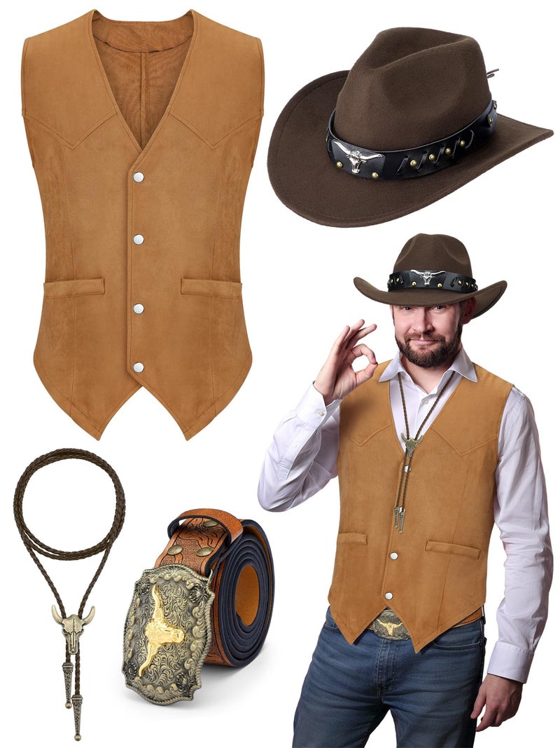 Cutecrop 4 Pcs Western Cowboy Outfits for Men Suede Leather Vest Hat Bolo Tie Belt for Western Halloween Cosplay(XX-Large,Brown) - Image 1
