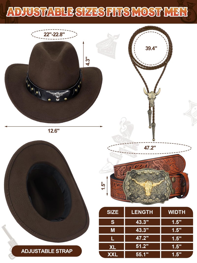 Cutecrop 4 Pcs Western Cowboy Outfits for Men Suede Leather Vest Hat Bolo Tie Belt for Western Halloween Cosplay(XX-Large,Brown) - Image 3