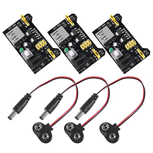ALAMSCN 3.3V 5V MB102 Solderless Breadboard Power Supply Module with 9V Battery Clip Power Cable 2.1x 5.5mm Male DC Jack Plug for Arduino (Pack of 3) - Image 1