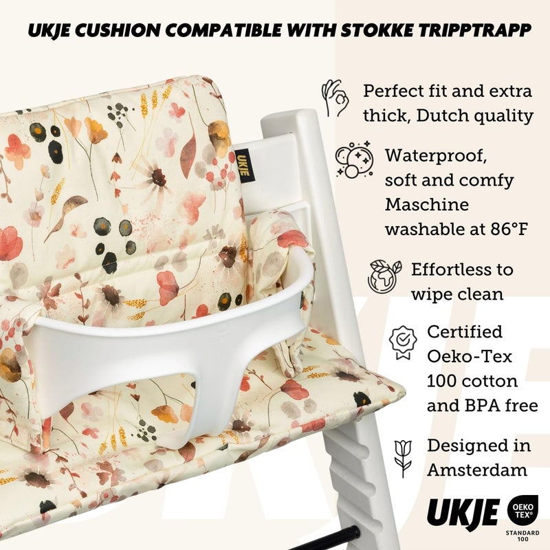 UKJE Cushion Compatible with Stokke Tripp Trapp (Old and New Model) 2 Pieces, Thick Seat Cushion for Infants, Coated Oeko-Tex Certified Cotton, Washable & Handmade in Europe, Wild Flowers - Image 2