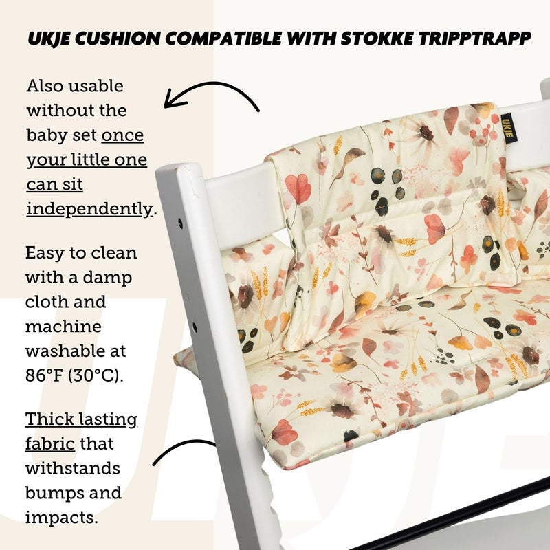 UKJE Cushion Compatible with Stokke Tripp Trapp (Old and New Model) 2 Pieces, Thick Seat Cushion for Infants, Coated Oeko-Tex Certified Cotton, Washable & Handmade in Europe, Wild Flowers - Image 4