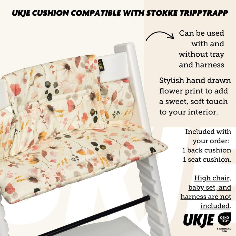 UKJE Cushion Compatible with Stokke Tripp Trapp (Old and New Model) 2 Pieces, Thick Seat Cushion for Infants, Coated Oeko-Tex Certified Cotton, Washable & Handmade in Europe, Wild Flowers - Image 3