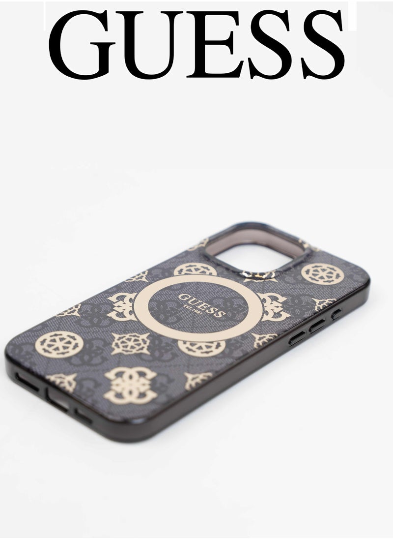 iPhone 16 Pro Case, supports wireless charging MagSafe, transparent Black with original logo and approved design from the global brand Guess. From CG Mobile.