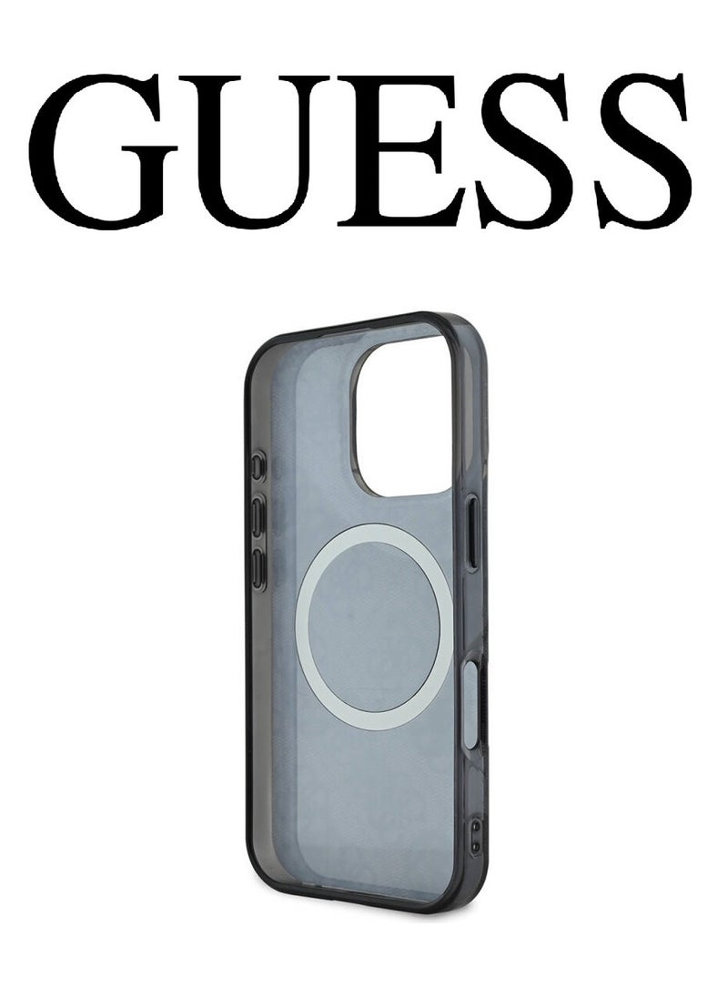 iPhone 16 Pro Case, supports wireless charging MagSafe, transparent Black with original logo and approved design from the global brand Guess. From CG Mobile.