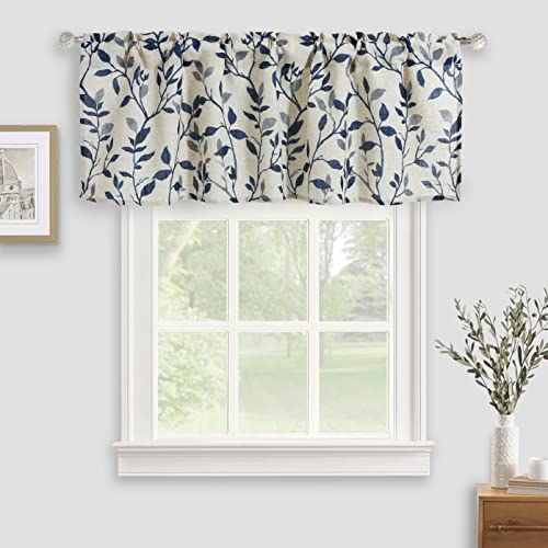 Inselnwald Tree Leaves Linen Kitchen Valance, Farmhouse Rustic Small Window Curtain Valance for Bathroom Dining Room Living Room Bedroom Rod Pocket Short Cafe Curtains 54 by 18 Inches Navy Blue - Image 2