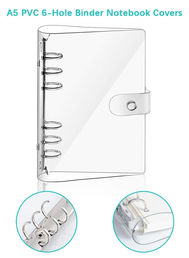 Wffo 1 Pack A5 Transparent Soft PVC 6-Hole Binder Notebook Covers with Snap Button Closure - Refillable Paper Cover, Round Ring, for Cover Protection - for School Meeting Travel Office (Paper Not Included) - Image 1