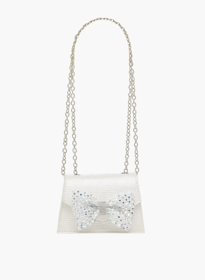 Celeste Girls Bow Embellished Crossbody Bag with Chain Strap and Button Closure