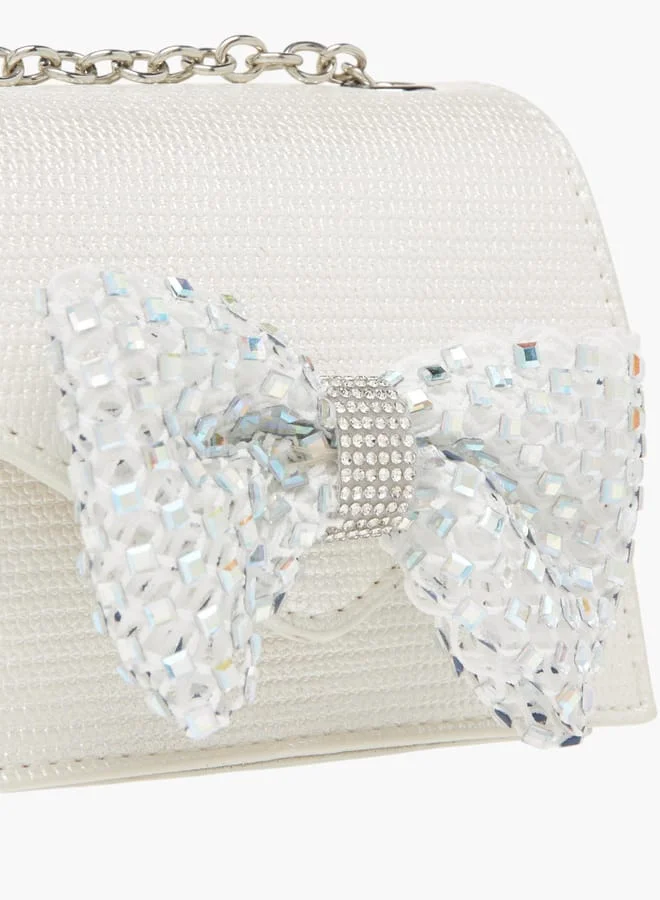 Celeste Girls Bow Embellished Crossbody Bag with Chain Strap and Button Closure