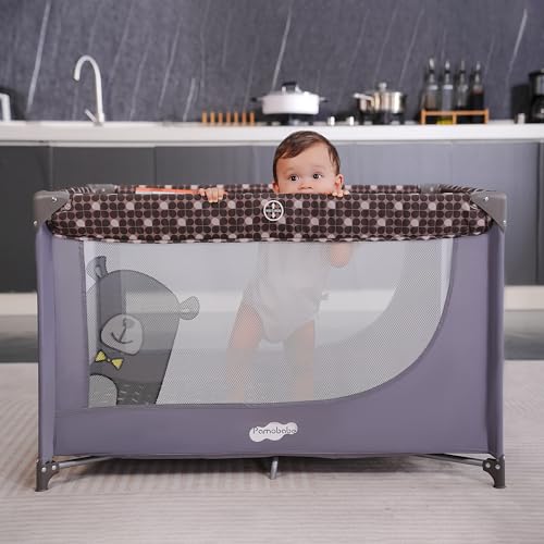 Pamo Babe Portable Crib Baby Playpen with Mattress and Carry Bag Grey - Image 4