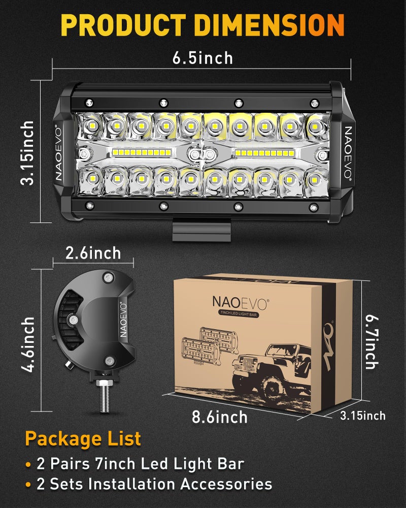 NAOEVO 7 Inch LED Light Bar, 480W 48,000LM LED Offroad Fog/Driving Lights with Spot Flood Combo Beam, Work for Truck Boat ATV UTV, 4 Pcs (White) - Image 5