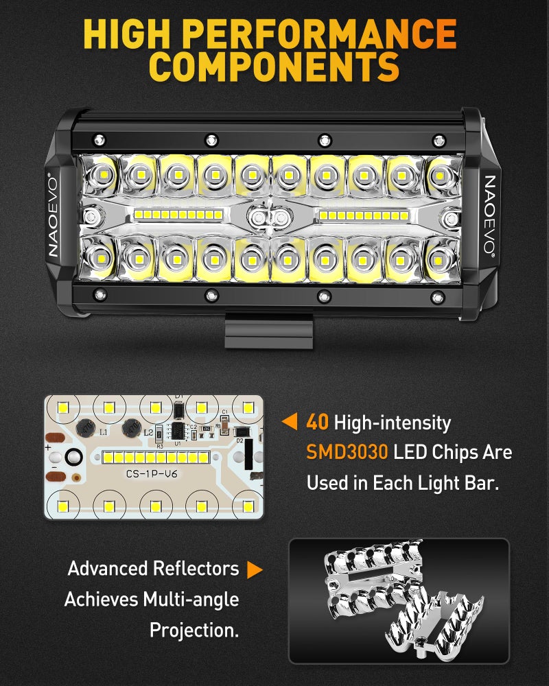 NAOEVO 7 Inch LED Light Bar, 480W 48,000LM LED Offroad Fog/Driving Lights with Spot Flood Combo Beam, Work for Truck Boat ATV UTV, 4 Pcs (White) - Image 4