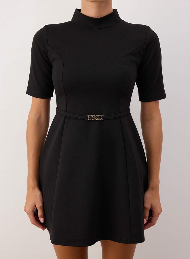 trendyol Black High Neck Belt Detail Skater/Slit Waist Short / Mini Knitted Dress - Image 3