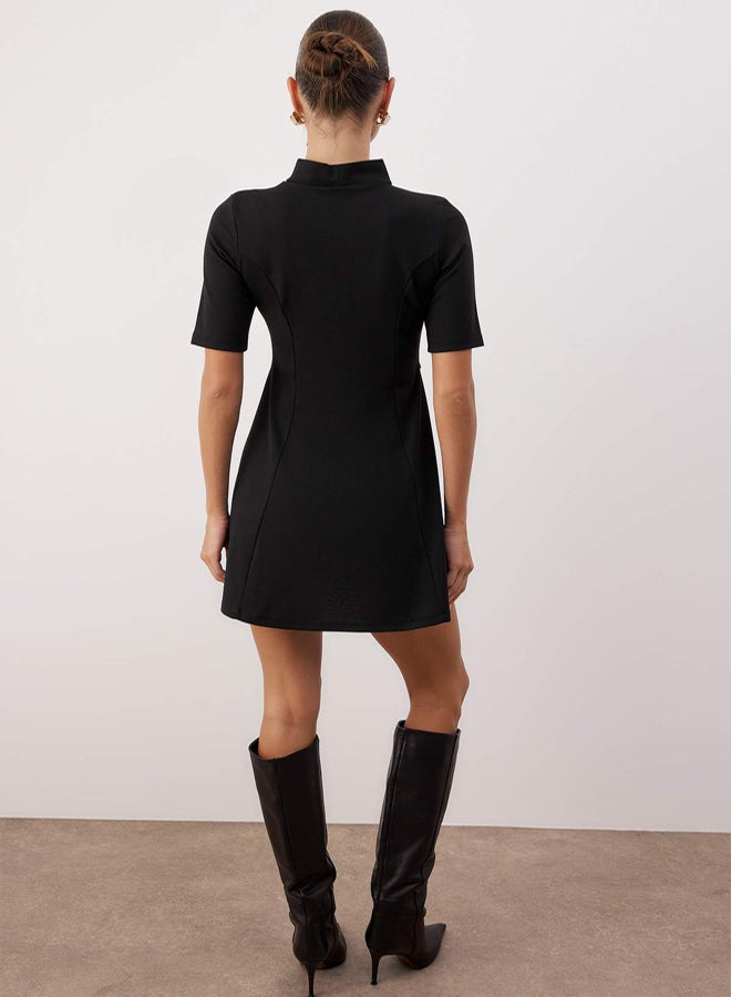 trendyol Black High Neck Belt Detail Skater/Slit Waist Short / Mini Knitted Dress - Image 4