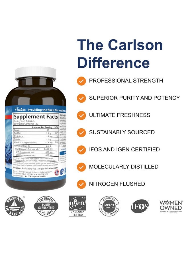 كارلسون - أوميغا 3 جيمز النخبة، 1600 ملغ من أحماض أوميغا 3 الدهنية، بما في ذلك حمض إيكوسابنتينويك وحمض دوكوساهيكسانويك، مكمل غذائي من زيت السمك البري النرويجي، كبسولات زيت السمك أوميغا 3 من مصادر مستدامة، بنكهة الليمون، 240 كبسولة هلامية - Image 2