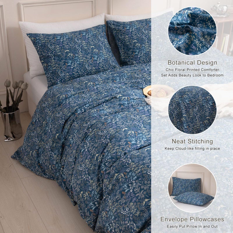 EAVD Vintage Style Garden Blue Floral Comforter Set Queen Fluffy Microfiber Floral Botanical Bedding Set 1 Queen Comforter with 2 Pillowcases Reversible Cottagecore Comforter Set for All-Season - Image 3