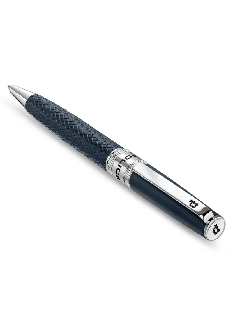 بوليس Police Serif.2 Blue Stainless Steel Textured Pen with Silver Trims, Blue Ink - 135 mm