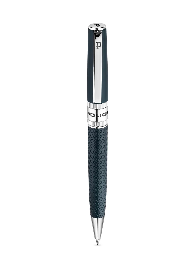 بوليس Police Serif.2 Blue Stainless Steel Textured Pen with Silver Trims, Blue Ink - 135 mm