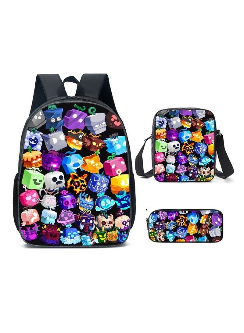 Blox Fruits Cartoon Backpack Three-piece Student School Bag